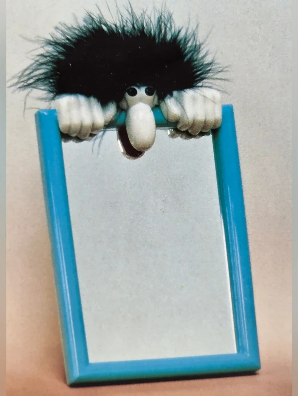 Vintage 90s Home Decor Vanity Funny Face Mirror Blue Frame Fuzzy Hair Muppet